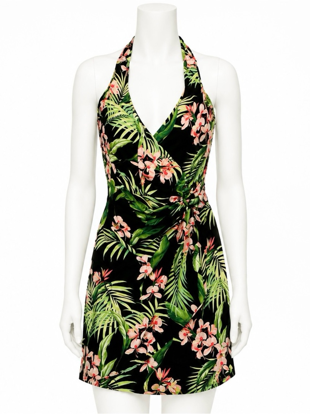 Tommy Bahama Black Halter Dress with Pink Floral & Green Leaves